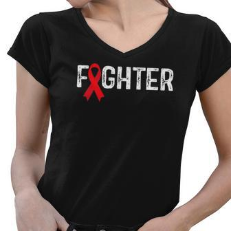 Fighter Blood Cancer Awareness Red Ribbon Women V-Neck T-Shirt | Mazezy