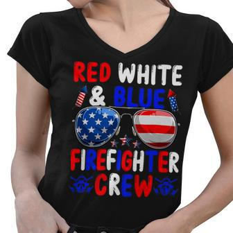 Firefighter Funny Red White And Blue Firefighter Squad American Flag Women V-Neck T-Shirt - Seseable