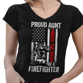 Firefighter Proud Aunt Of A Firefighter Son Back The Red American Flag Women V-Neck T-Shirt - Seseable