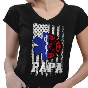Firefighter Proud Papa Fathers Day Firefighter American Fireman Father V2 Women V-Neck T-Shirt - Seseable