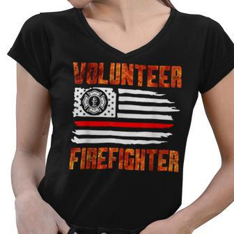 Firefighter Red Line Flag Fireman Wife Girlfriend Volunteer Firefighter Women V-Neck T-Shirt - Seseable