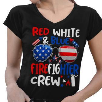 Firefighter Red White Blue Firefighter Crew American Flag Women V-Neck T-Shirt - Seseable