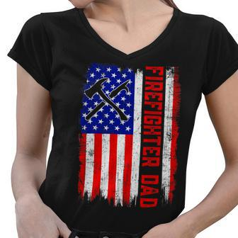 Firefighter Retro American Flag Firefighter Dad Jobs Fathers Day Women V-Neck T-Shirt - Seseable