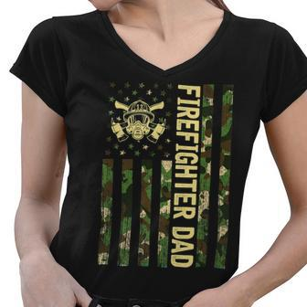Firefighter Retro Camouflage Usa Flag Firefighter Dad Fathers Day V2 Women V-Neck T-Shirt - Seseable