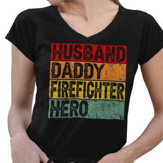 Firefighter Retro Vintage Husband Daddy Firefighter Fathers Day Dad Women V-Neck T-Shirt - Seseable
