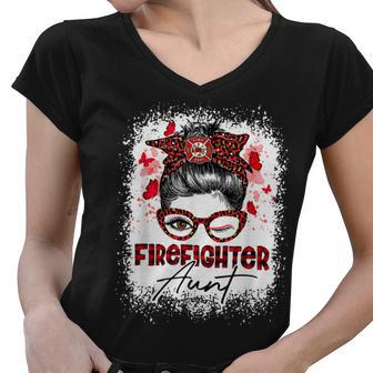 Firefighter The Red Proud Firefighter Fireman Aunt Messy Bun Hair Women V-Neck T-Shirt | Seseable UK