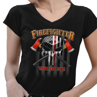 Firefighter Thin Red Line Flag Skull Tshirt Women V-Neck T-Shirt - Monsterry UK