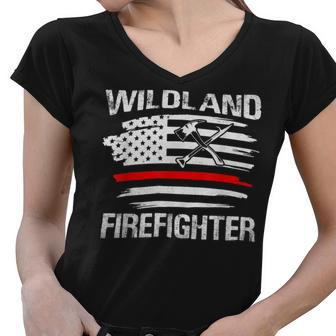 Firefighter Thin Red Line Wildland Firefighter American Flag Axe Fire V2 Women V-Neck T-Shirt - Seseable