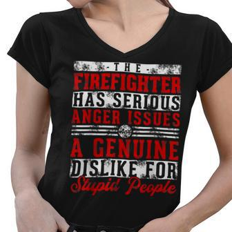 Firefighter This Firefighter Has Serious Anger Genuine Funny Fireman Women V-Neck T-Shirt - Seseable