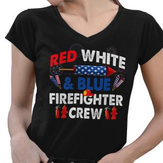 Firefighter Us Flag Red White & Blue Firefighter Crew 4Th Of July V2 Women V-Neck T-Shirt - Seseable