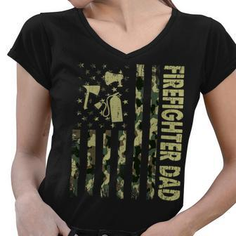 Firefighter Usa Flag Camouflage Firefighter Dad Patriotic Fathers Day Women V-Neck T-Shirt - Seseable