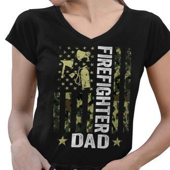 Firefighter Usa Flag Camouflage Firefighter Dad Patriotic Fathers Day_ Women V-Neck T-Shirt - Seseable