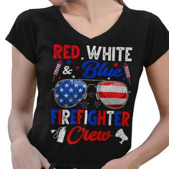 Firefighter Vintage Red White Blue Firefighter American Flag Women V-Neck T-Shirt - Seseable