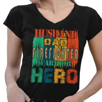 Firefighter Vintage Retro Husband Dad Firefighter Hero Matching Family V2 Women V-Neck T-Shirt - Seseable