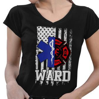 Firefighter Ward Personalized Firefighter Ems Emt American Flag V2 Women V-Neck T-Shirt - Seseable