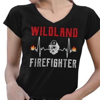 Firefighter Wildland Firefighter Fire Rescue Department Heartbeat Line Women V-Neck T-Shirt - Seseable
