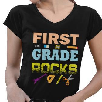 First Grade Rocks Funny School Student Teachers Graphics Plus Size Shirt Women V-Neck T-Shirt - Monsterry
