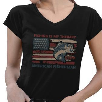 Fishing Is My Therapy American Fisherman Women V-Neck T-Shirt - Monsterry