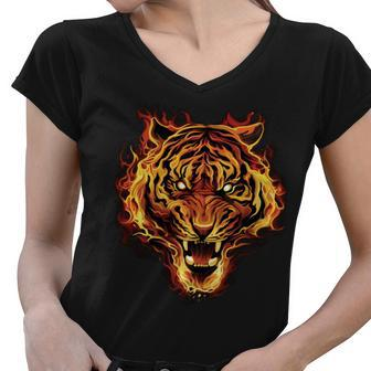 Flaming Tiger Fire T-Shirt Graphic Design Printed Casual Daily Basic Women V-Neck T-Shirt - Thegiftio UK