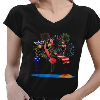 Flamingo 4Th Of July American Flag Flamingo Independence Women V-Neck T-Shirt - Monsterry