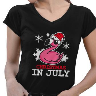 Flamingo Funny Christmas In July Santa Hat Women V-Neck T-Shirt - Monsterry