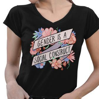 Floral Gender Is A Social Construct Transgender Day Women V-Neck T-Shirt - Thegiftio UK