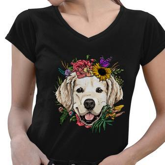 Floral Golden Retriever Dog Spring Nature Dog Lovers Gift Women V-Neck T-Shirt - Monsterry UK