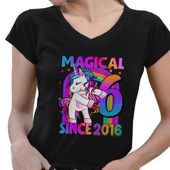 Flossing 6Th Birthday Girl Unicorn Party Women V-Neck T-Shirt - Monsterry