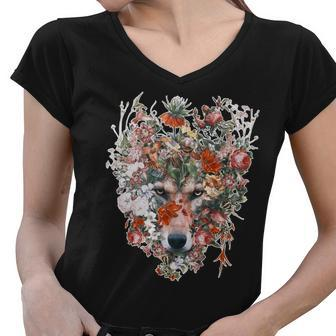 Flower Wolf Wilderness Floral Women V-Neck T-Shirt - Monsterry