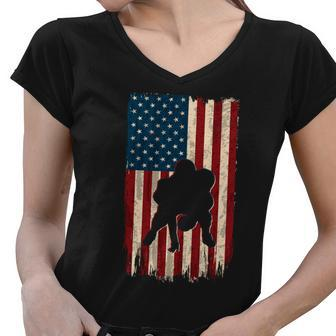 Football Lineman American Flag Sports Fan Women V-Neck T-Shirt - Monsterry