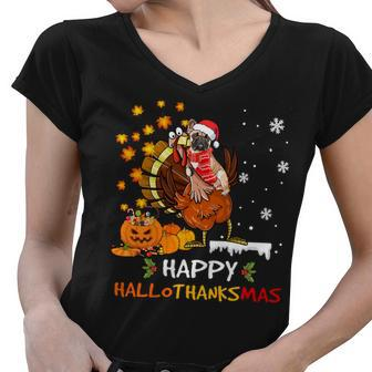 French Bulldog Halloween And Merry Xmas Happy Hallothanksmas Sweatshirt Women V-Neck T-Shirt - Thegiftio UK