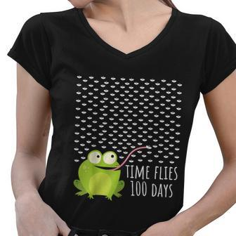 Frog Fly 100 Days Of School Teacher Boy Girl Gift Women V-Neck T-Shirt - Thegiftio UK
