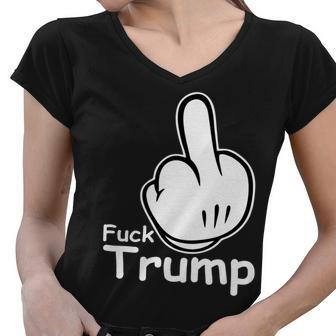 Fuck Trump Cartoon Middle Finger Resist Anti Trump Tshirt Women V-Neck T-Shirt - Monsterry