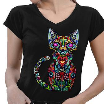 Fun Trippy Cat Women V-Neck T-Shirt - Monsterry AU
