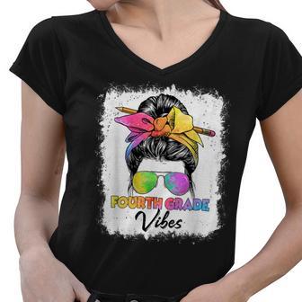 Funny 4Th Grade Vibes Messy Bun Back To School Kids Girls Women V-Neck T-Shirt - Seseable