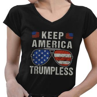 Funny American Flag Sunglasses Keep America Trumpless Gift Women V-Neck T-Shirt - Monsterry