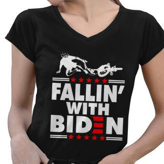 Funny Biden Falls Off Bike Joe Biden Fallin With Biden Women V-Neck T-Shirt - Monsterry