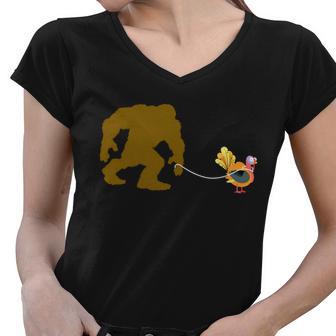 Funny Bigfoot Thanksgiving Turkey Tshirt Women V-Neck T-Shirt - Monsterry AU