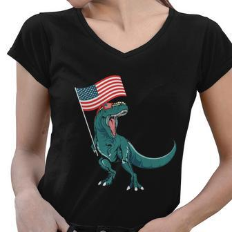 Funny Dinosaur 4Th Of July Usa Flag Graphic Plus Size Shirt Women V-Neck T-Shirt - Monsterry
