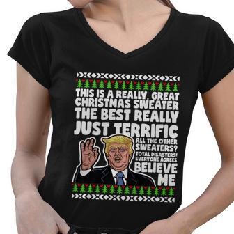 Funny Donald Trump Ugly Christmas Sweater Parody Speech Gift Women V-Neck T-Shirt - Monsterry DE