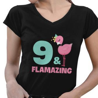 Funny Flamingo Girl Birthday Party 9 Years Old Women V-Neck T-Shirt - Monsterry