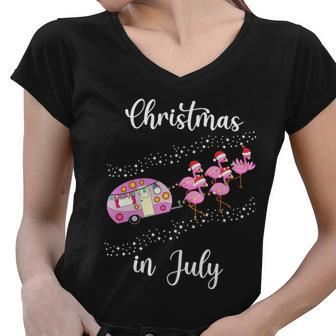 Funny Flamingo Pink Retro Camping Car Christmas In July Great Gift Women V-Neck T-Shirt - Monsterry