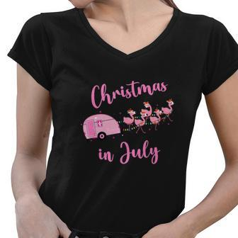 Funny Flamingo Pink Retro Christmas In July Women V-Neck T-Shirt - Monsterry
