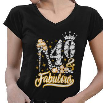 Funny Gift 40 Fabulous 40 Years Gift 40Th Birthday Diamond Crown Shoes Gift V2 Women V-Neck T-Shirt - Monsterry