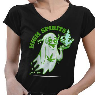 Funny Halloween Marijuana Cannabis Ghost Design Weed Smokers Women V-Neck T-Shirt - Thegiftio UK