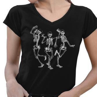 Funny Halloween Spooky Bones Skull Dancing Skeleton Women V-Neck T-Shirt - Seseable
