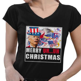 Funny Joe Biden Happy Christmas In July Usa Flag Women V-Neck T-Shirt - Monsterry DE