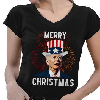 Funny Joe Biden Merry Christmas For 4Th Of July V2 Women V-Neck T-Shirt - Monsterry