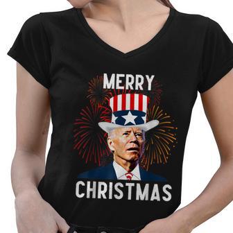 Funny Joe Biden Merry Christmas For Fourth Of July Tshirt Women V-Neck T-Shirt - Monsterry DE