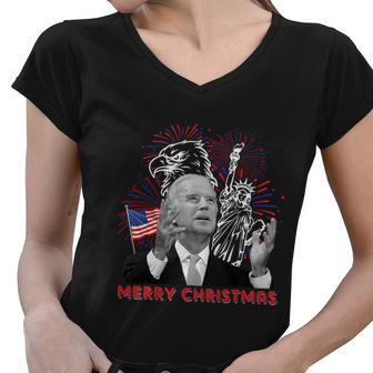 Funny Joe Biden Merry Christmas In July Usa Flag 4Th Of July Women V-Neck T-Shirt - Monsterry